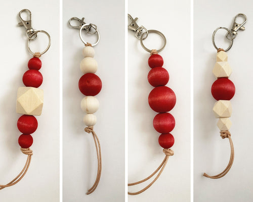 Red Dyed Wood Beaded Keyring with Leather Tassel