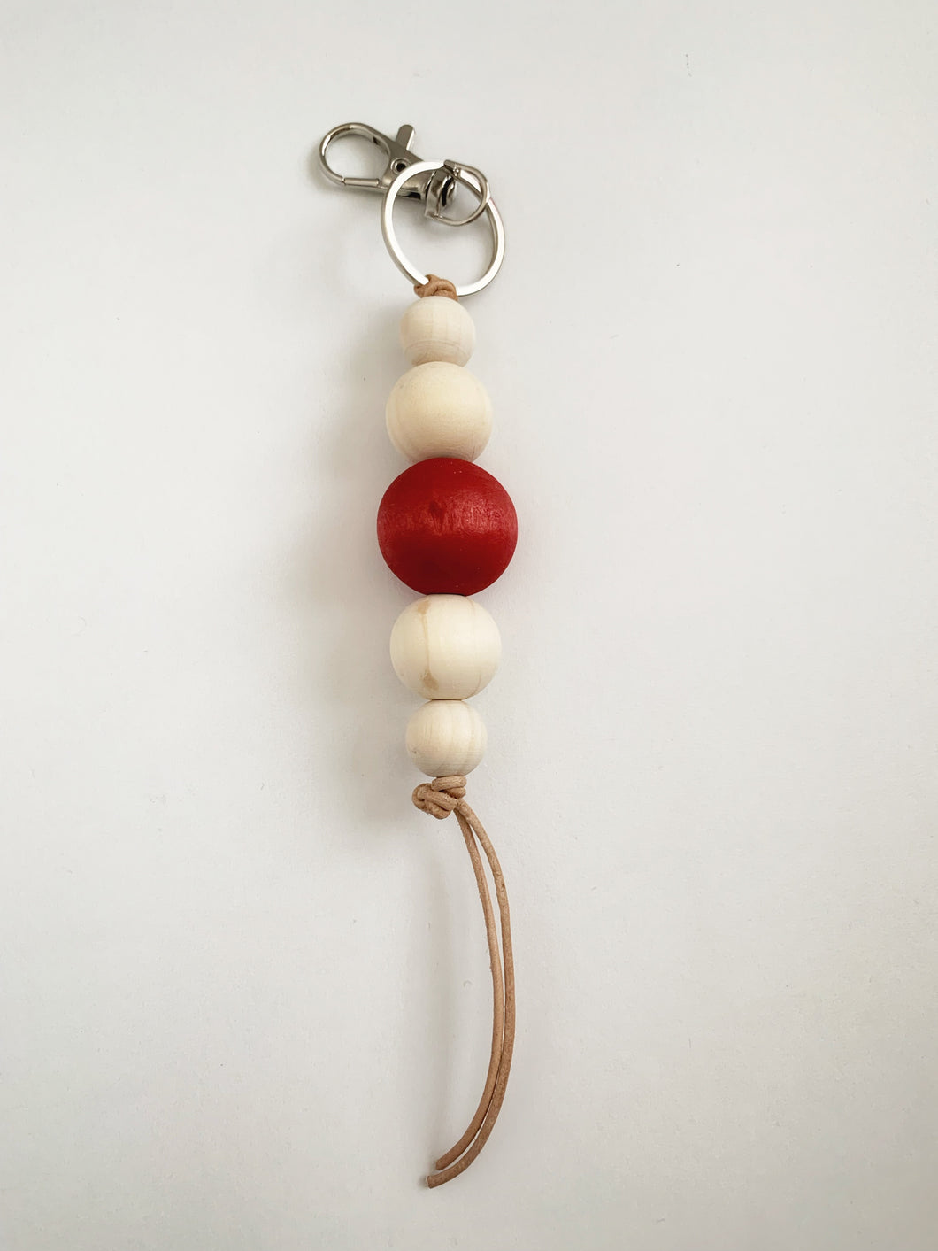 Red Dyed Wood Beaded Keyring with Leather Tassel