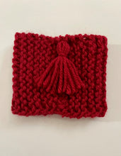 Load image into Gallery viewer, Hand knitted red scarf coffee koozie with red tassel.

