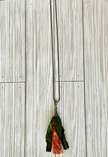 Load image into Gallery viewer, Green and orange silk tassel on antique brass ball chain
