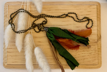 Load image into Gallery viewer, Green and orange silk tassel on antique brass ball chain
