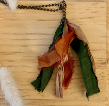 Load image into Gallery viewer, Green and orange silk tassel on antique brass ball chain
