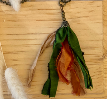 Load image into Gallery viewer, Green and orange silk tassel on antique brass ball chain
