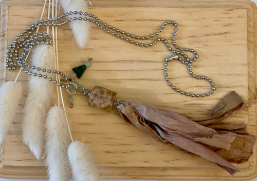 Silk tassel necklace with jade and aventurine bead