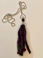 Load image into Gallery viewer, Purple and green silk tassel necklace with lava stone bead
