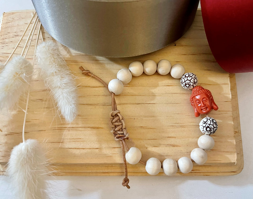 Stackable natural wood bead bracelet on leather cord