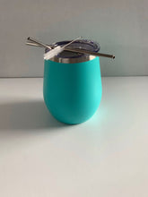 Load image into Gallery viewer, 12 ounce turquoise stainless steel wine tumbler that says &quot;Fold in the cheese&quot;
