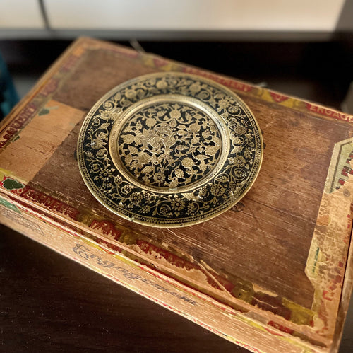 Vintage Brass Plate with Black Flower Detailing