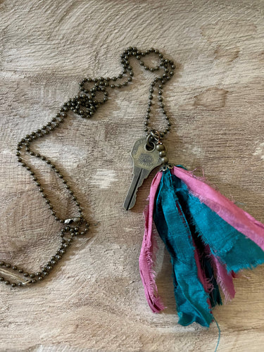 Vintage key and silk tassel necklace