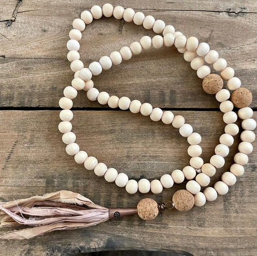 Wood and cork bead and silk tassel necklace