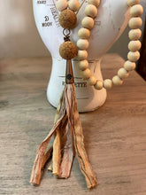 Load image into Gallery viewer, Wood and cork bead and silk tassel necklace
