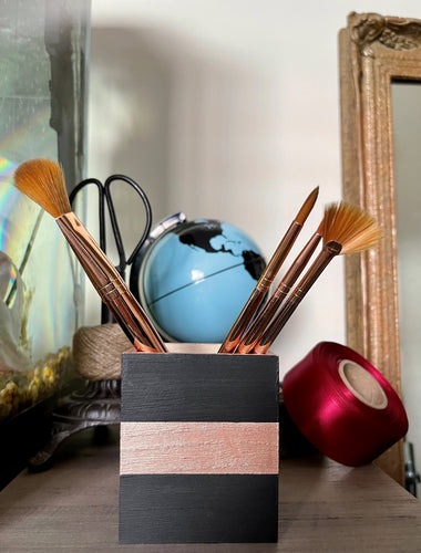 Hand painted square wood pen and pencil holder.