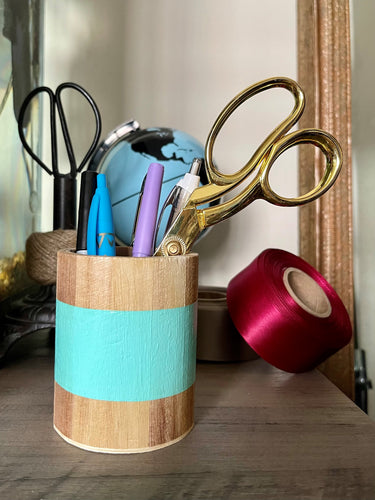 Hand painted square wood pen and pencil holder.