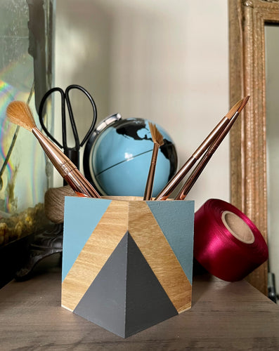 Hand painted square wood pen and pencil holder.
