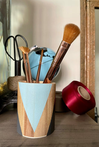 Hand painted square wood pen and pencil holder.