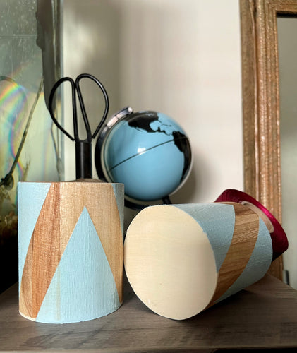 Hand painted square wood pen and pencil holder.