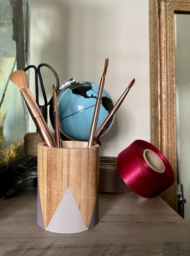 Hand painted square wood pen and pencil holder.