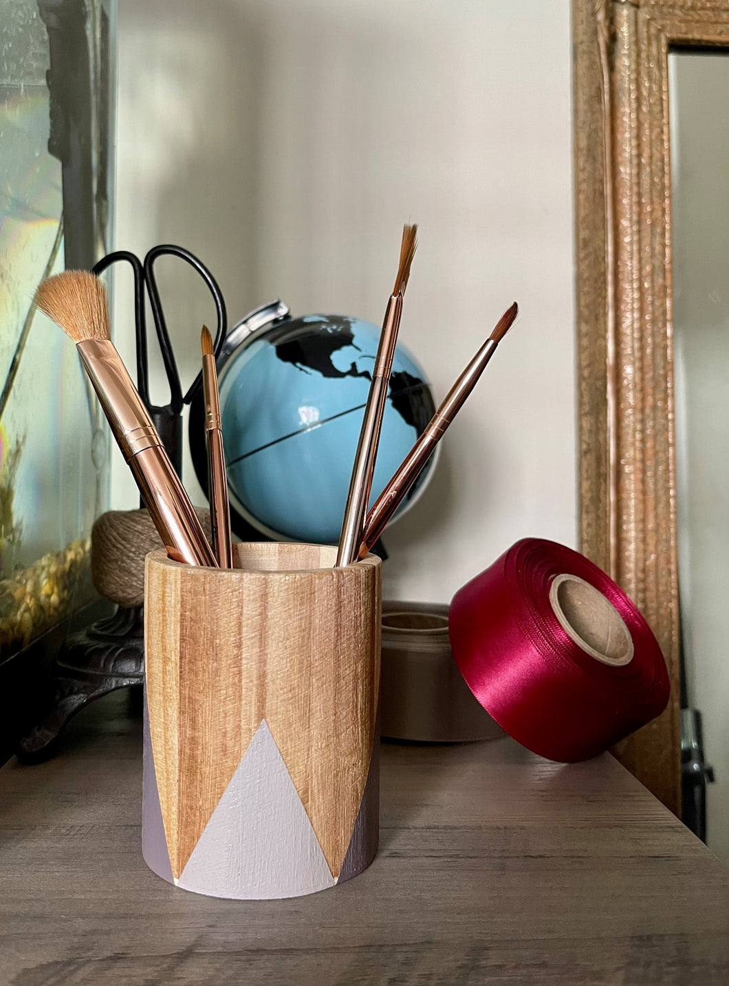 Hand painted square wood pen and pencil holder.