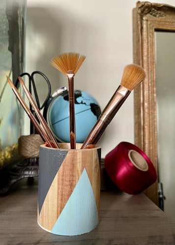 Hand painted square wood pen and pencil holder.