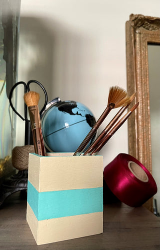 Hand painted square wood pen ad pencil cup.