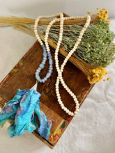 Load image into Gallery viewer, Wood and Blue Glass Beads with Blue Silk Tassel Necklace

