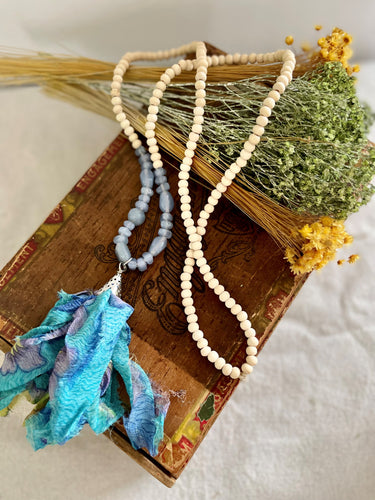 Wood and Blue Glass Beads with Blue Silk Tassel Necklace