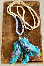 Load image into Gallery viewer, Wood and Blue Glass Beads with Blue Silk Tassel Necklace
