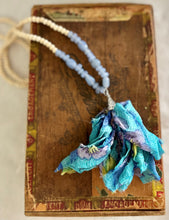 Load image into Gallery viewer, Wood and Blue Glass Beads with Blue Silk Tassel Necklace
