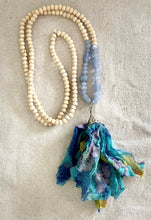 Load image into Gallery viewer, Wood and Blue Glass Beads with Blue Silk Tassel Necklace
