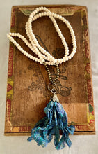 Load image into Gallery viewer, Wood and Brass Beads with Blue Silk Tassel Necklace
