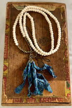 Load image into Gallery viewer, Wood and Brass Beads with Blue Silk Tassel Necklace
