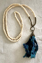 Load image into Gallery viewer, Wood and Brass Beads with Blue Silk Tassel Necklace
