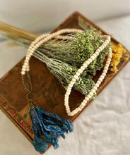 Load image into Gallery viewer, Wood and Brass Beads with Blue Silk Tassel Necklace
