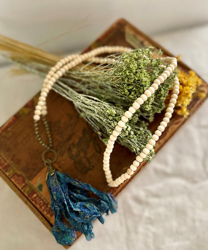 Wood and Brass Beads with Blue Silk Tassel Necklace