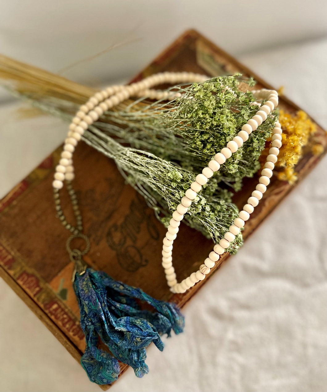 Wood and Brass Beads with Blue Silk Tassel Necklace